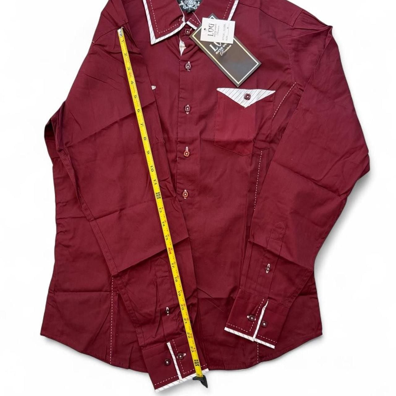 Log wear men’s Maroon/Burgundy long sleeve button up shirt with white piping and diamond-shaped chest pockets size medium dimensions are in the pictures Brand new with tags 4