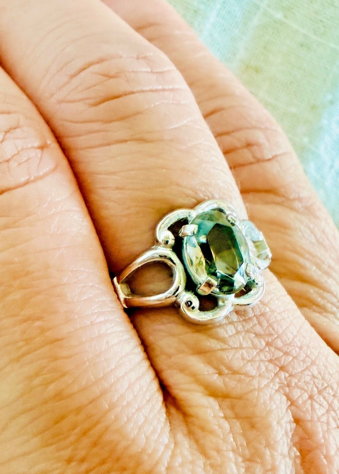 Vintage Rhodium Electroplate Ring Smoky Stone Pierced Shoulders Size 6.5 6