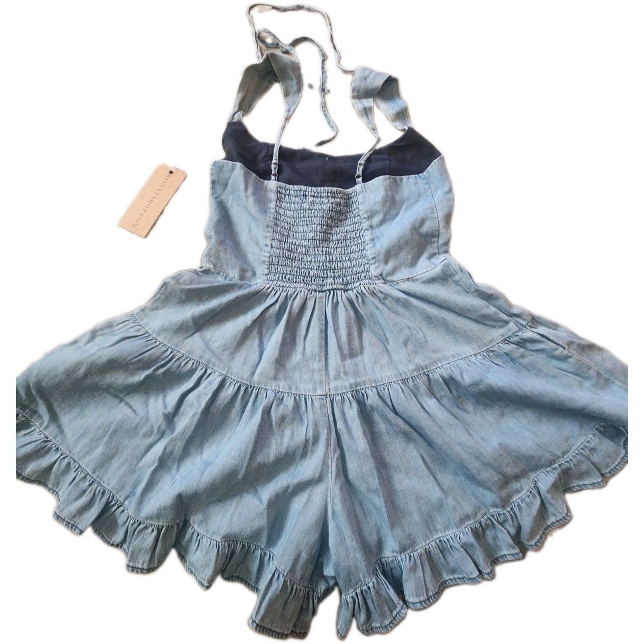Billy T Women’s Blue Denim Flutter Smocked Romper S Regular Square Neck Button 3
