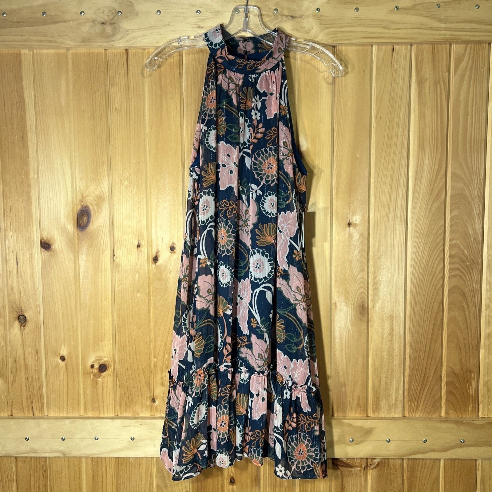 NWT Melonie T High Halter Neck Dress Size 8 Floral Blue Pink Lined 2