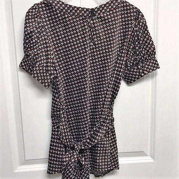 Forever Black Red White Floral Print Keyhole Neck Tie Back Satin Top Size S 4