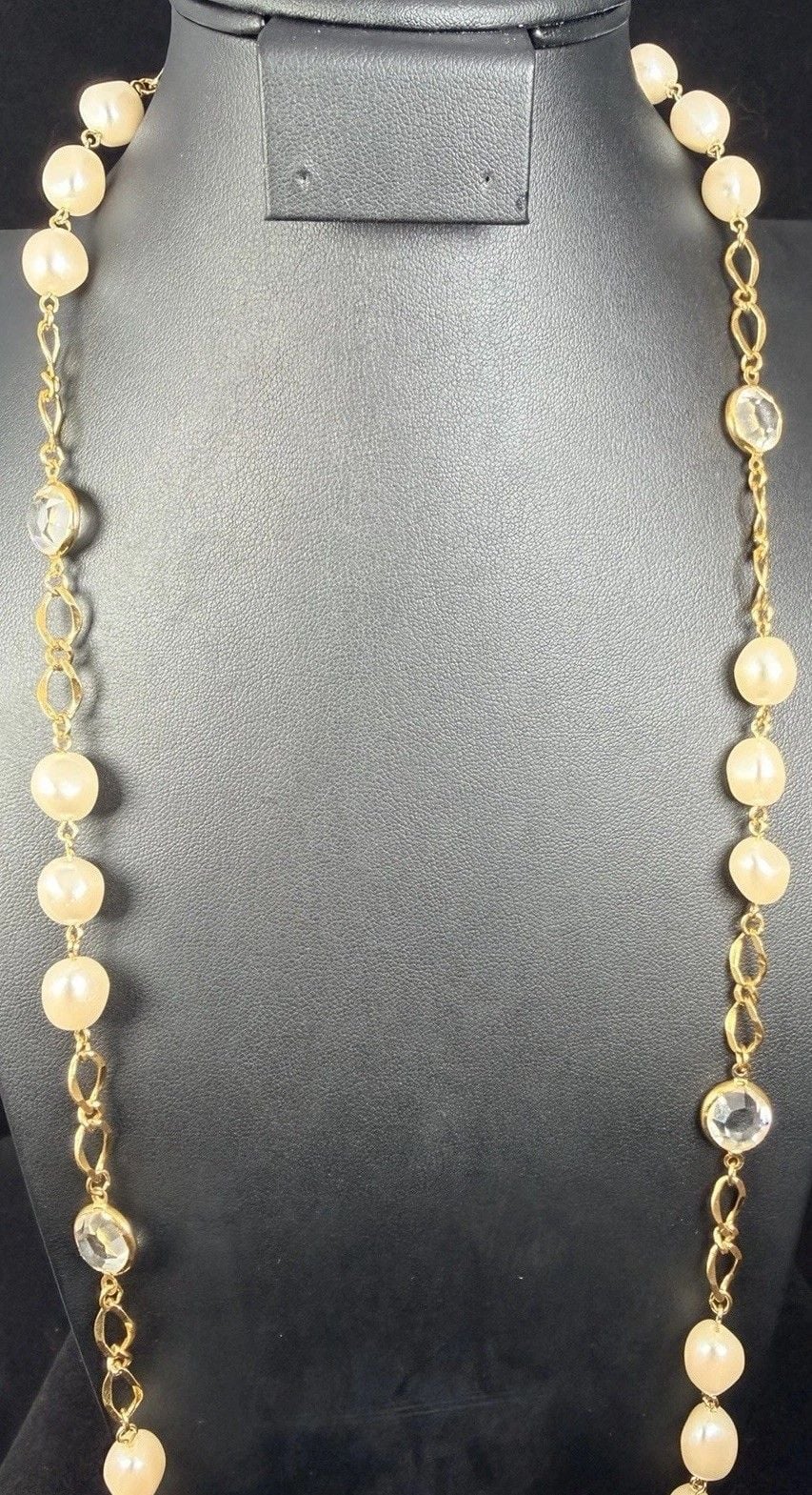 Vintage Faux Pearl Station Chain Necklace Bezel Set Crystal Drop Accents Gold 6