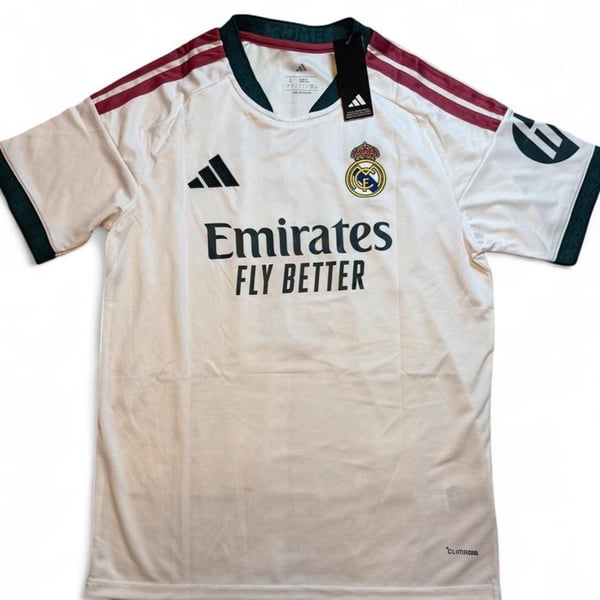 Adidas Real Madrid 2026/27 Home Jersey White with maroon and green stripes on shoulders and sleeves number 5 Bellingham on the back size Large dimensions in the pictures brand new with tags.