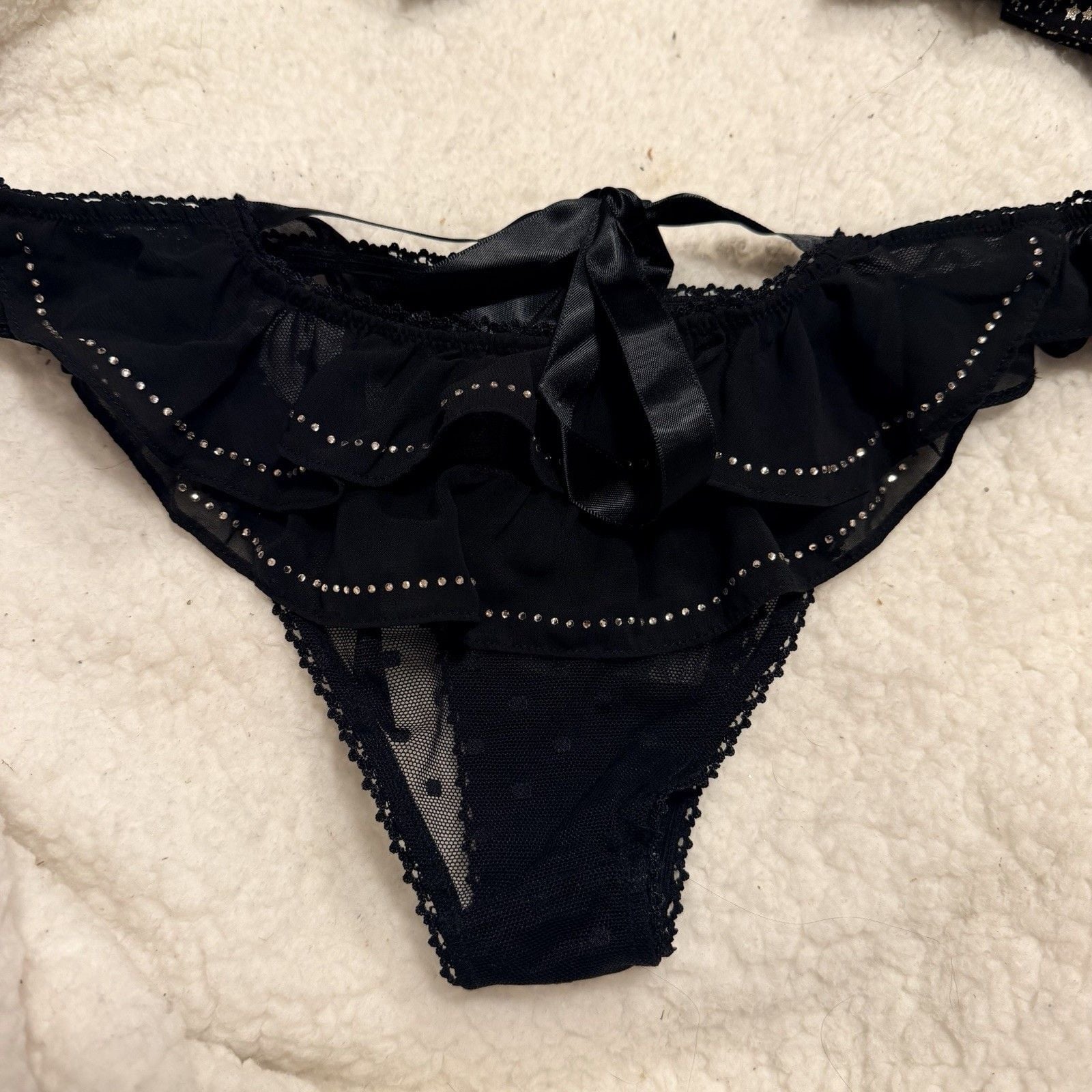 NWOT Women’s Black Mesh Sheer Polka Dot Thong Panties Ruffle Bow 2
