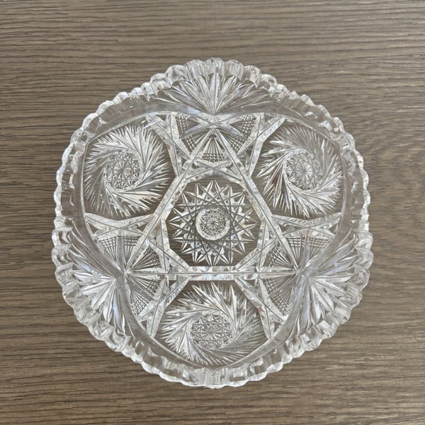 Vintage American Brilliant Cut Glass Bowl Pinwheel Hobstar Fan Sawtooth Rim 6”