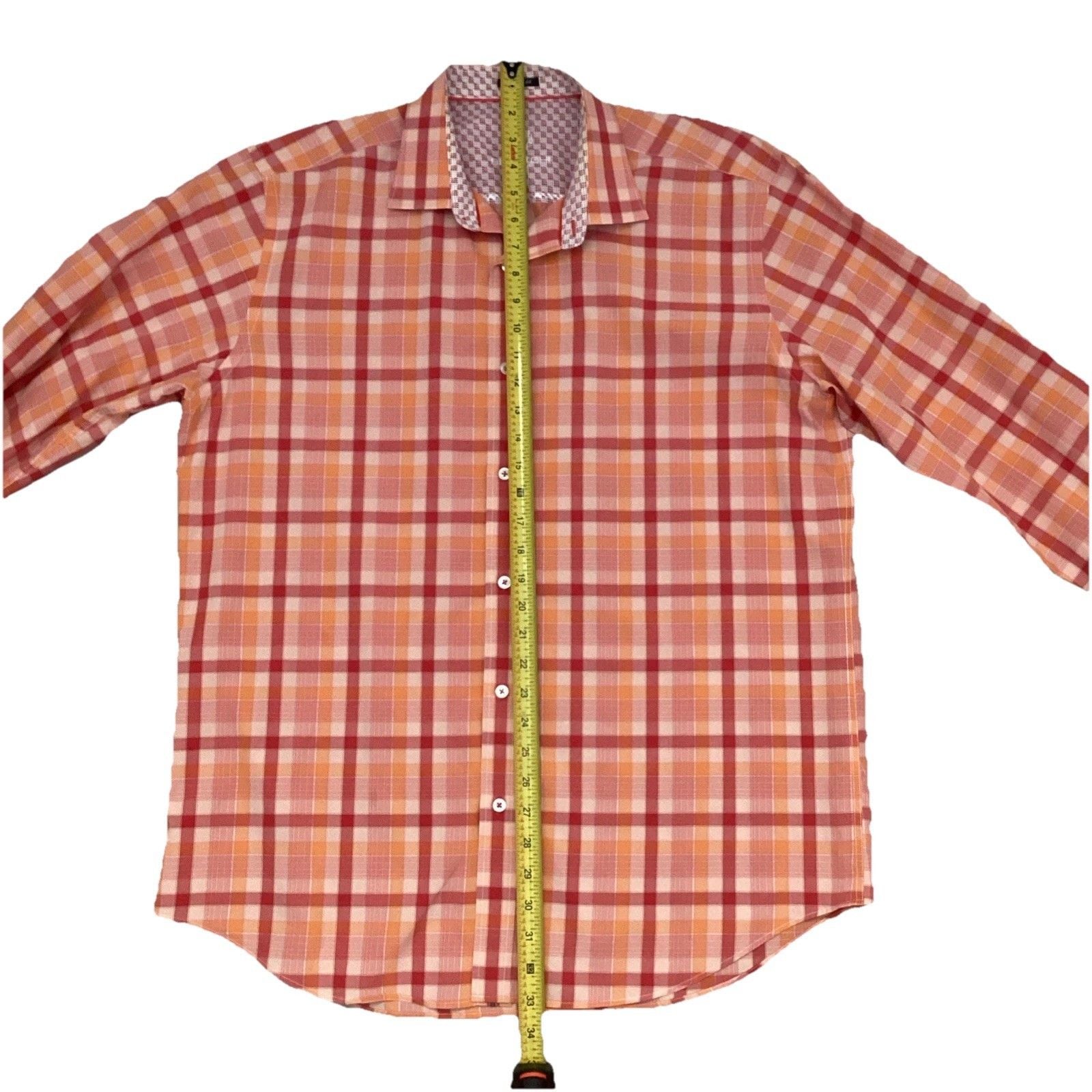 Bugatchi Uomo Button Up Shirt Men’s Large Classic Fit Long Sleeve Plaid Orange 9