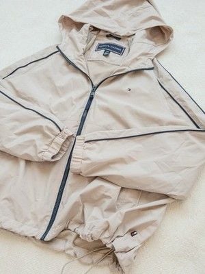 Tommy Hilfiger Windbreaker Jacket Mens Large Beige Hooded Full Zip Mesh Lined L 12