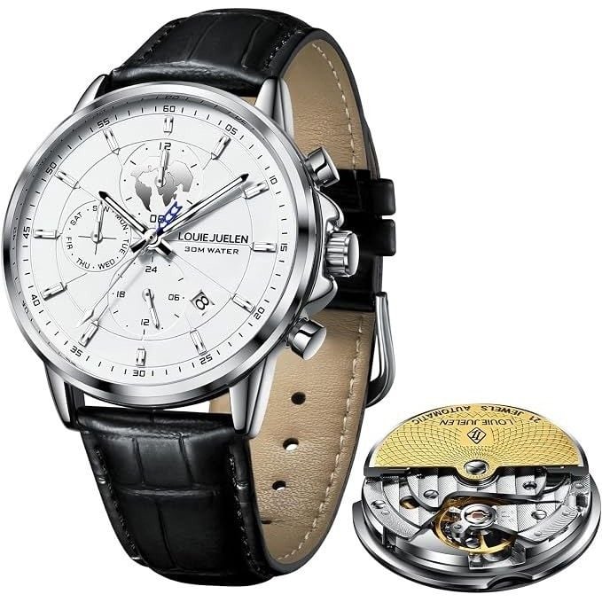 Louie Juelen Mens Automatic Watch White Dial Leather Strap 21 Jewels 30M Water 2