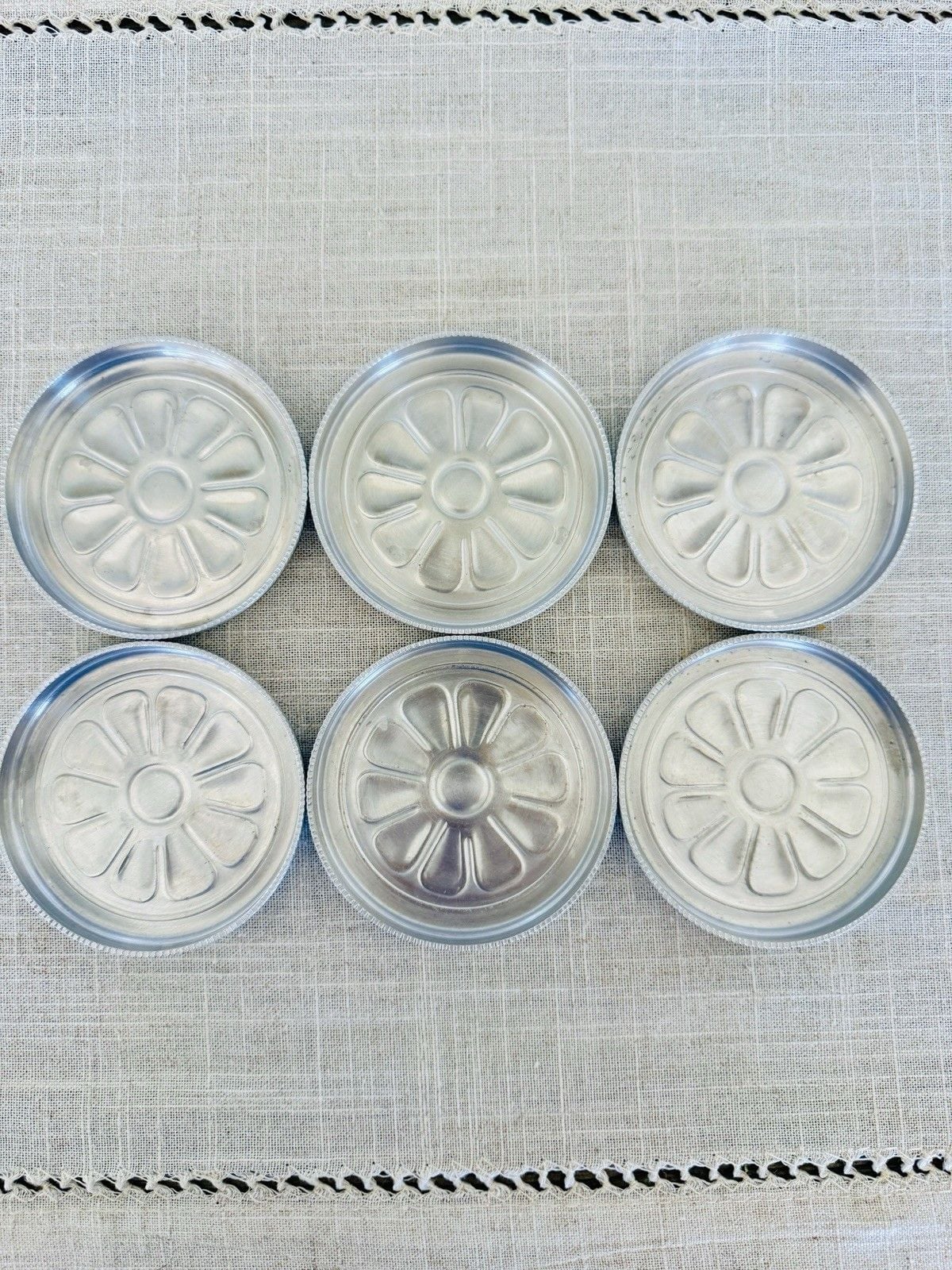 Vintage Aluminum Coaster Set of 8 Floral Embossed Metal Holder MCM Barware 5