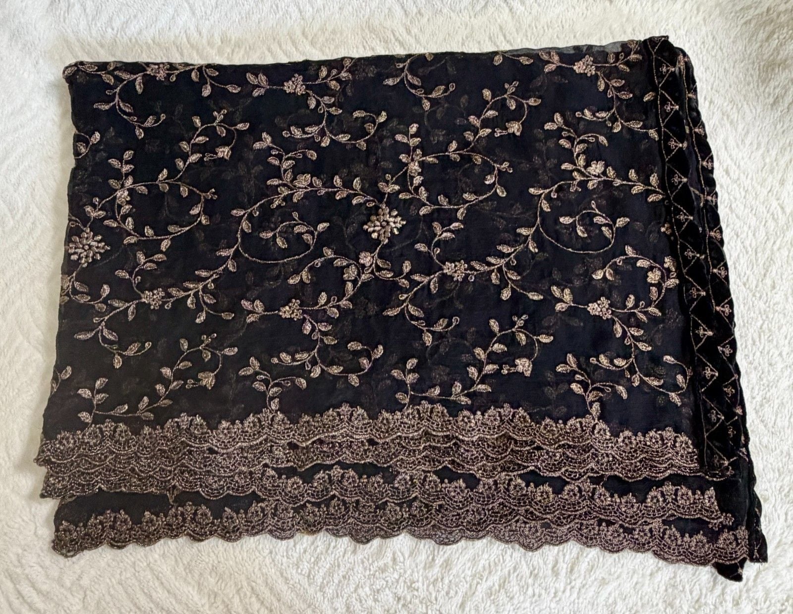 Black Chiffon Fancy Dupatta Gold/ Zari Embroidered Pakistani Indian 1