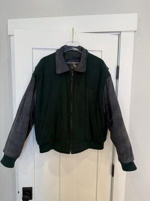 Vintage Field and Stream Bomber Jacket Mens Large Green Wool & Blue Suede 8