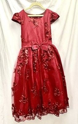 Kiki Kids Girls 12 Red Embroidered Holiday Dress 3D Floral Tulle Bow Made USA 2