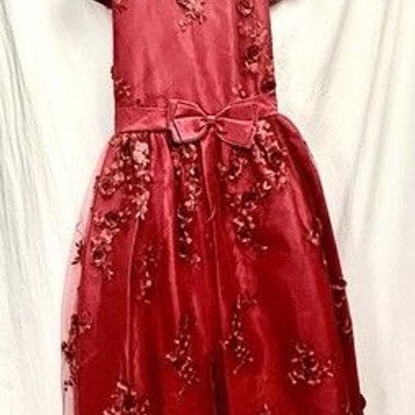 Kiki Kids Girls 12 Red Embroidered Holiday Dress 3D Floral Tulle Bow Made USA