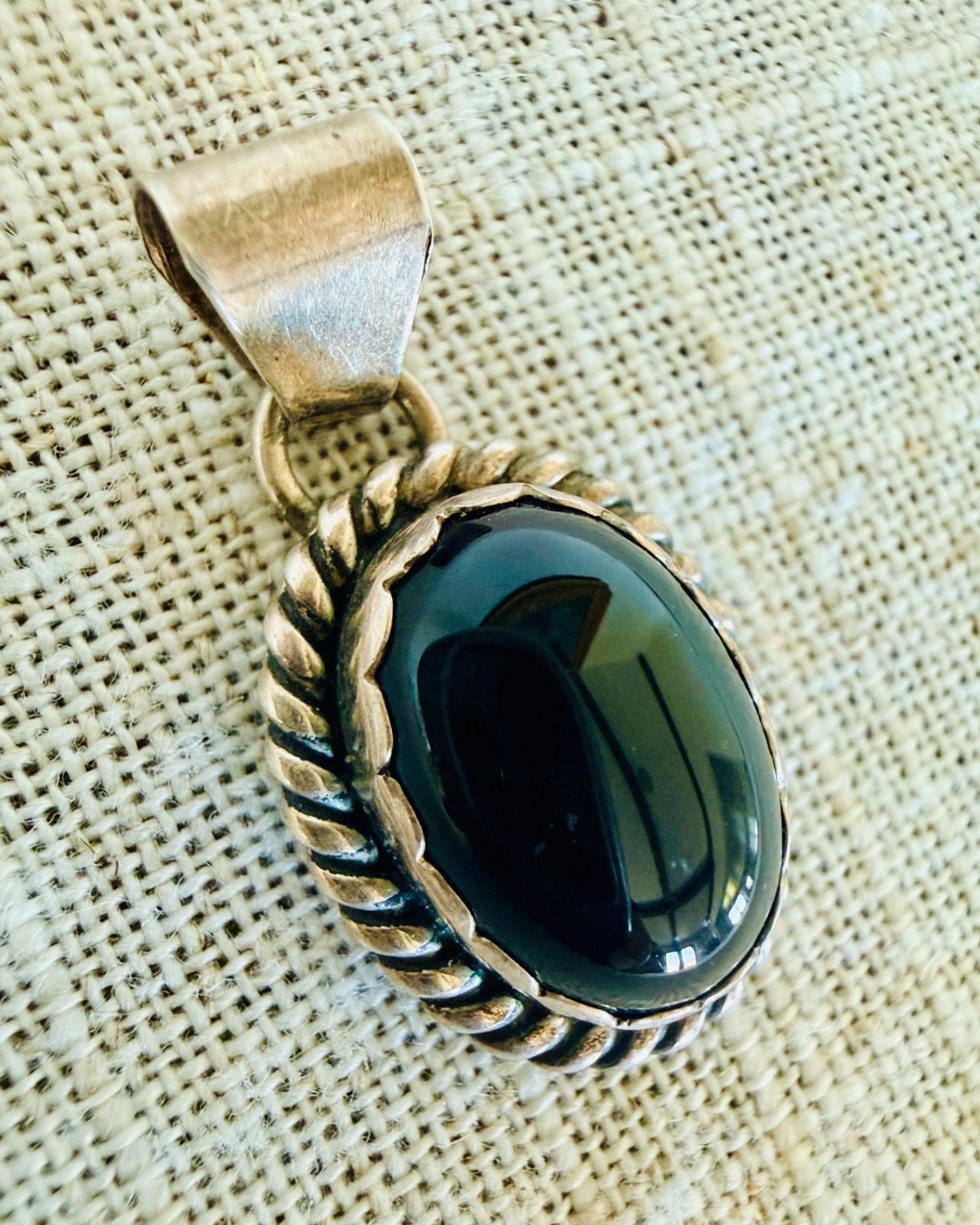 Native American Sterling Silver Black Onyx Pendant RRT Hallmark Rope Bezel 5