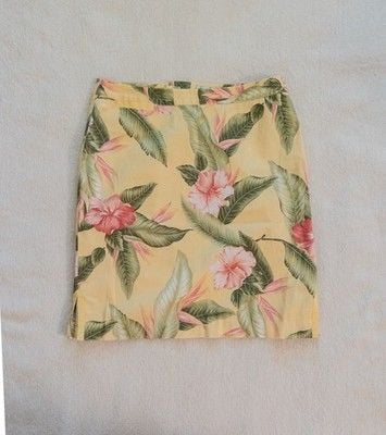 Tommy Bahama Stretch Skirt Size 10 Yellow Tropical Hibiscus Floral Palm Leaf 19" 2