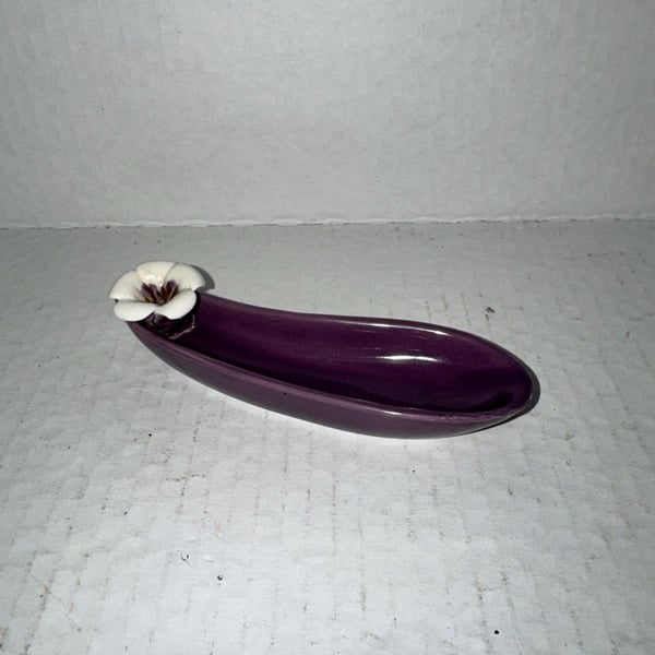 Purple Ceramic Incense Stick Holder White Flower Ash Catcher Burner Floral Decor