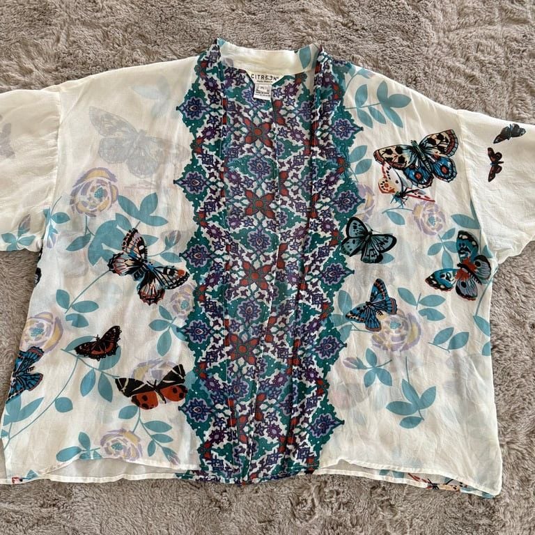 Citron women’s Sz PL 100% silk cardigan kimono top butterfly floral boho garden 3