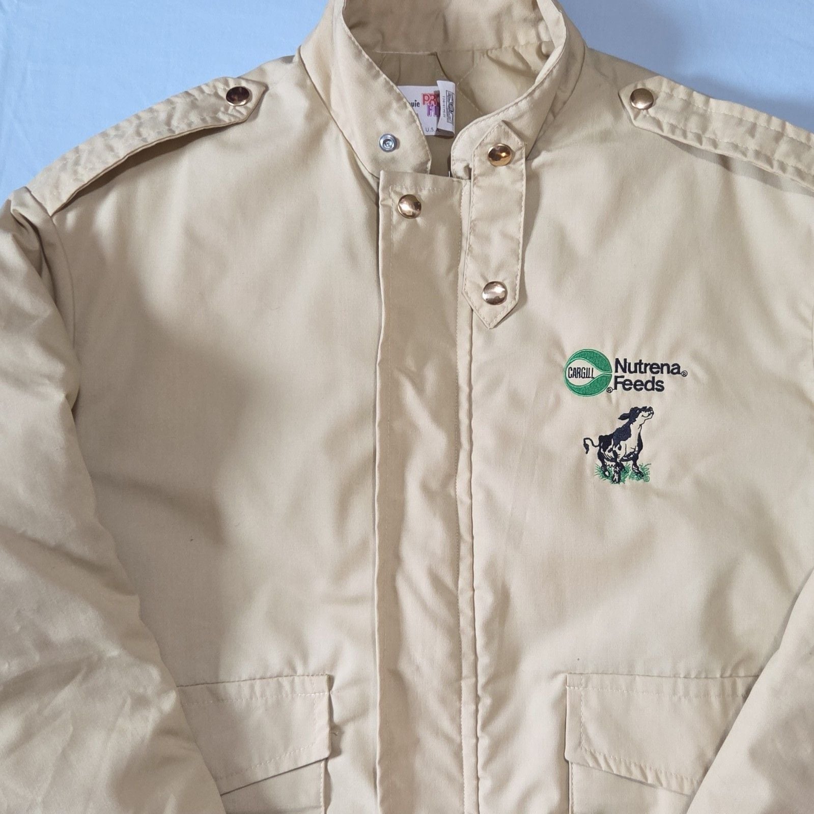 King Louie Beige Lined Bomber Jacket Nutrena Feeds Cow Embroidered Logo Size L 3