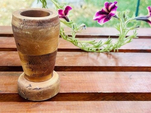 Vintage Primitive HandCrafted &Carved Wooden Vase, Mortar Wood Is Very Smooth 9