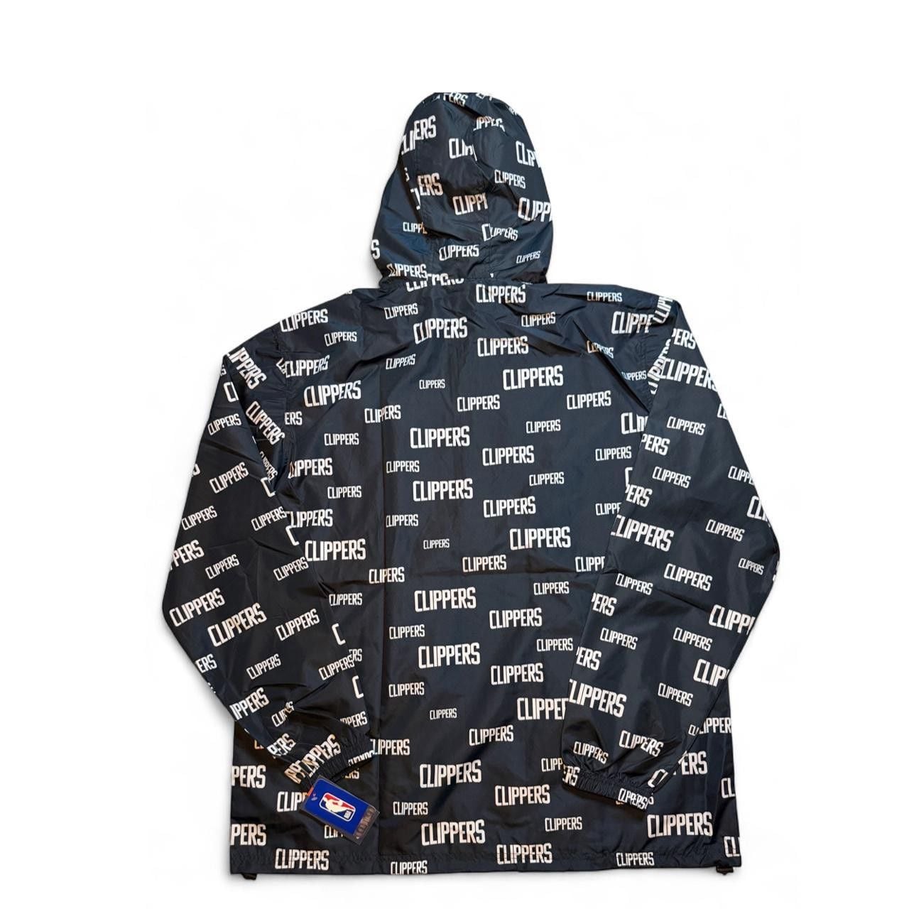 NBA LA Clippers black windbreaker with white 'CLIPPERS' text repeating across the fabric size XLT dimensions in the pictures brand new with tags. 7