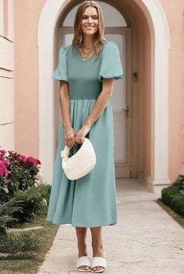 AlvaQ Women Dress Spring Summer Puff Sleeve Midi Dress High Waist Ruffle-SIZE L 3