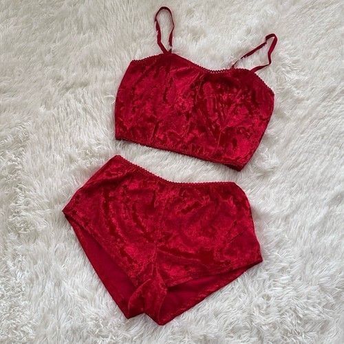 Womens Red Velvet Spaghetti Straps Camisole Shorts Lingerie Pajama Set Small 2