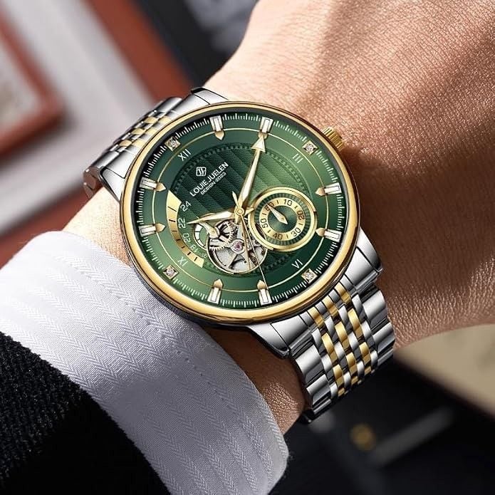 Louie Juelen Men Automatic Skeleton Watch Green Dial Two-Tone Gold Silver Steel 4