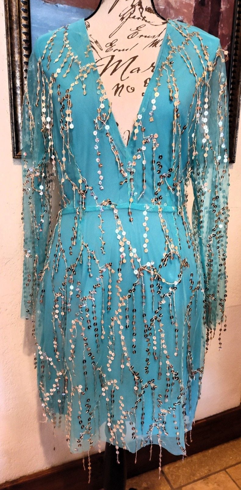 NWT Southern Fried Chics "Magic Mirror" Teal Sequin Fringe Cocktail Dress Sz Sm 2