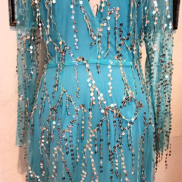 NWT Southern Fried Chics "Magic Mirror" Teal Sequin Fringe Cocktail Dress Sz Sm