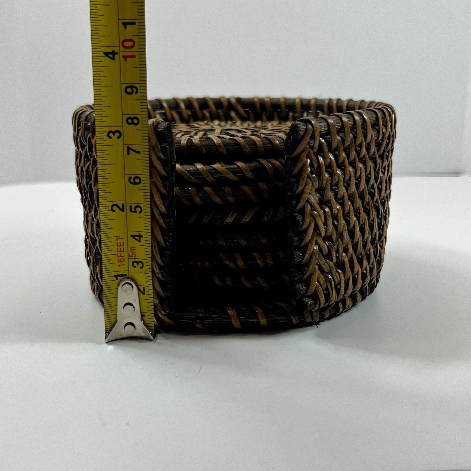 Set of 7 Brown Rattan Woven Wicker Round 4" Coasters with Storage Basket Boho 8