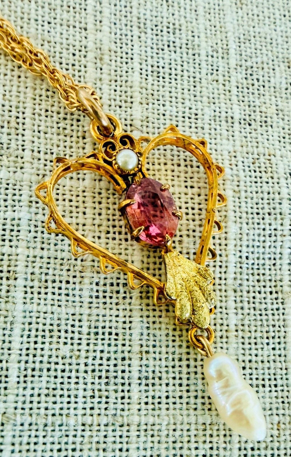 Antique Art Nouveau 12K GF Heart Lavalier Necklace Pink Stone Natural Pearl 8