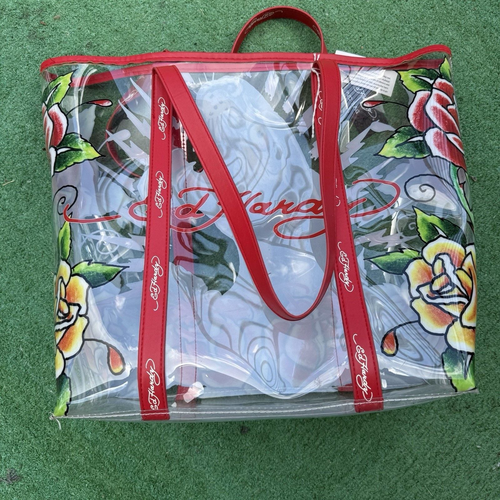 Ed Hardy Clear Tote Bag Large Lightweight Red Double Handles Floral Panther 7