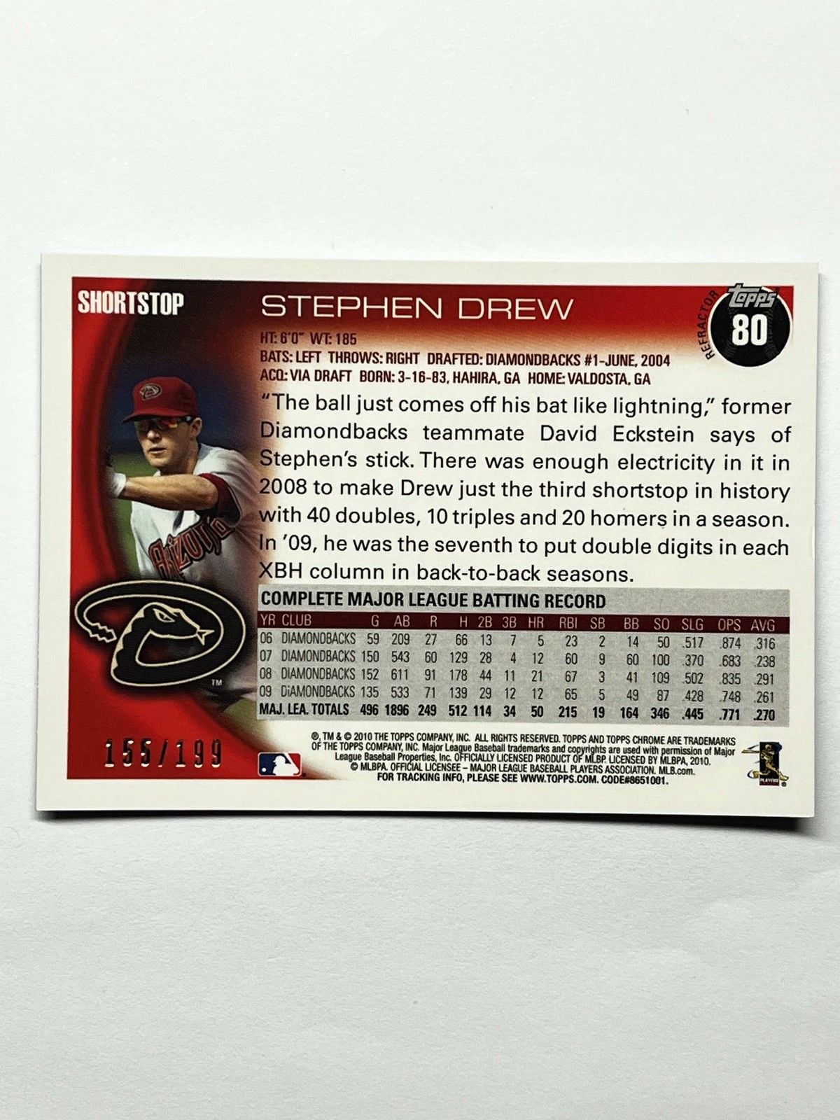 2010 Topps Chrome Stephen Drew #80 Blue Refractor /199 Arizona Diamondbacks 2