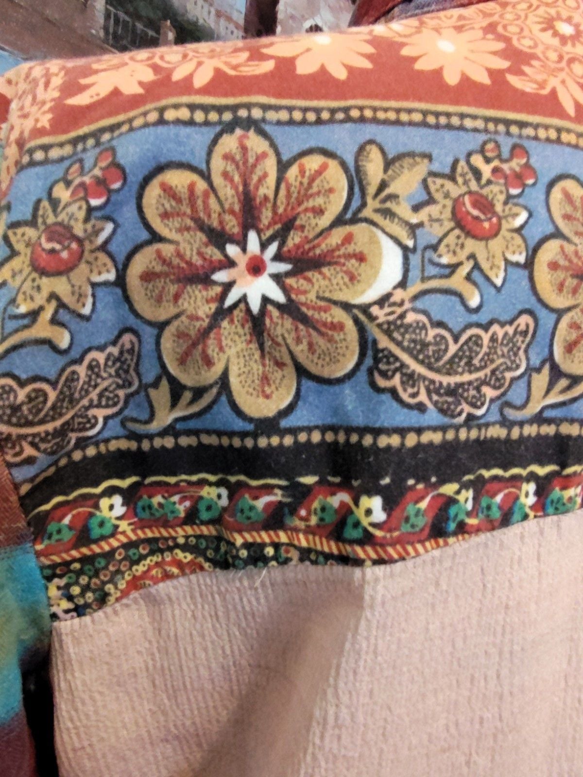 Aratta Pink & Blue Boho Plaid Button Down w Beautiful WaterColor Seascape Sz S 9