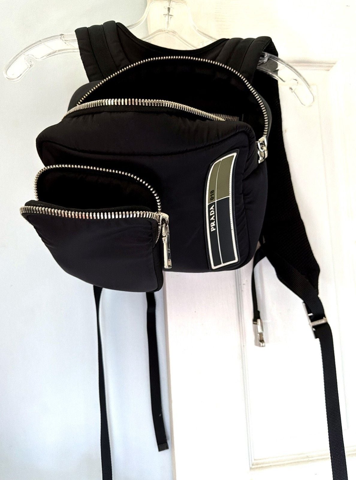 Prada Black Nylon Chest Pack, Olive Logo Stripe 2