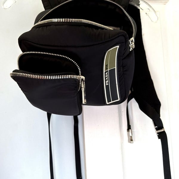 Prada Black Nylon Chest Pack, Olive Logo Stripe