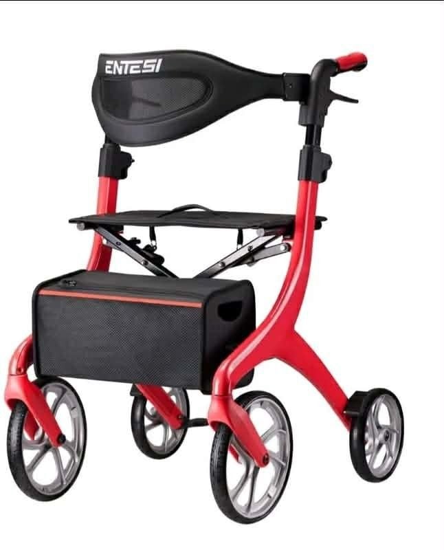 ENTESI All Terrain Rollator Walker 4 Wheel Foldable Seat Brakes Red 300 lb 1