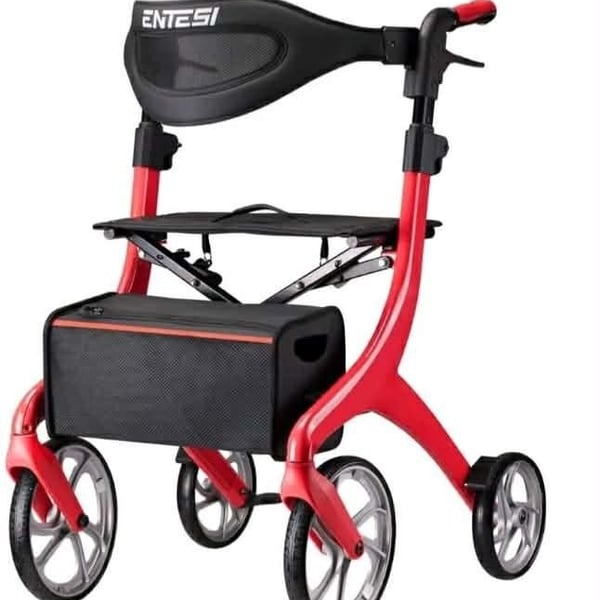 ENTESI All Terrain Rollator Walker 4 Wheel Foldable Seat Brakes Red 300 lb