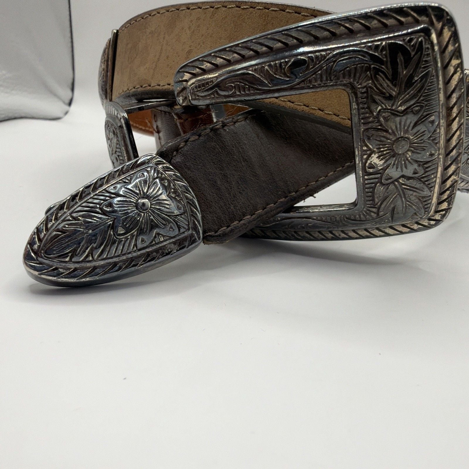Brighton S4560 1994 woman's brown black leather belt ~ Length 34” ~ Made in USA 2