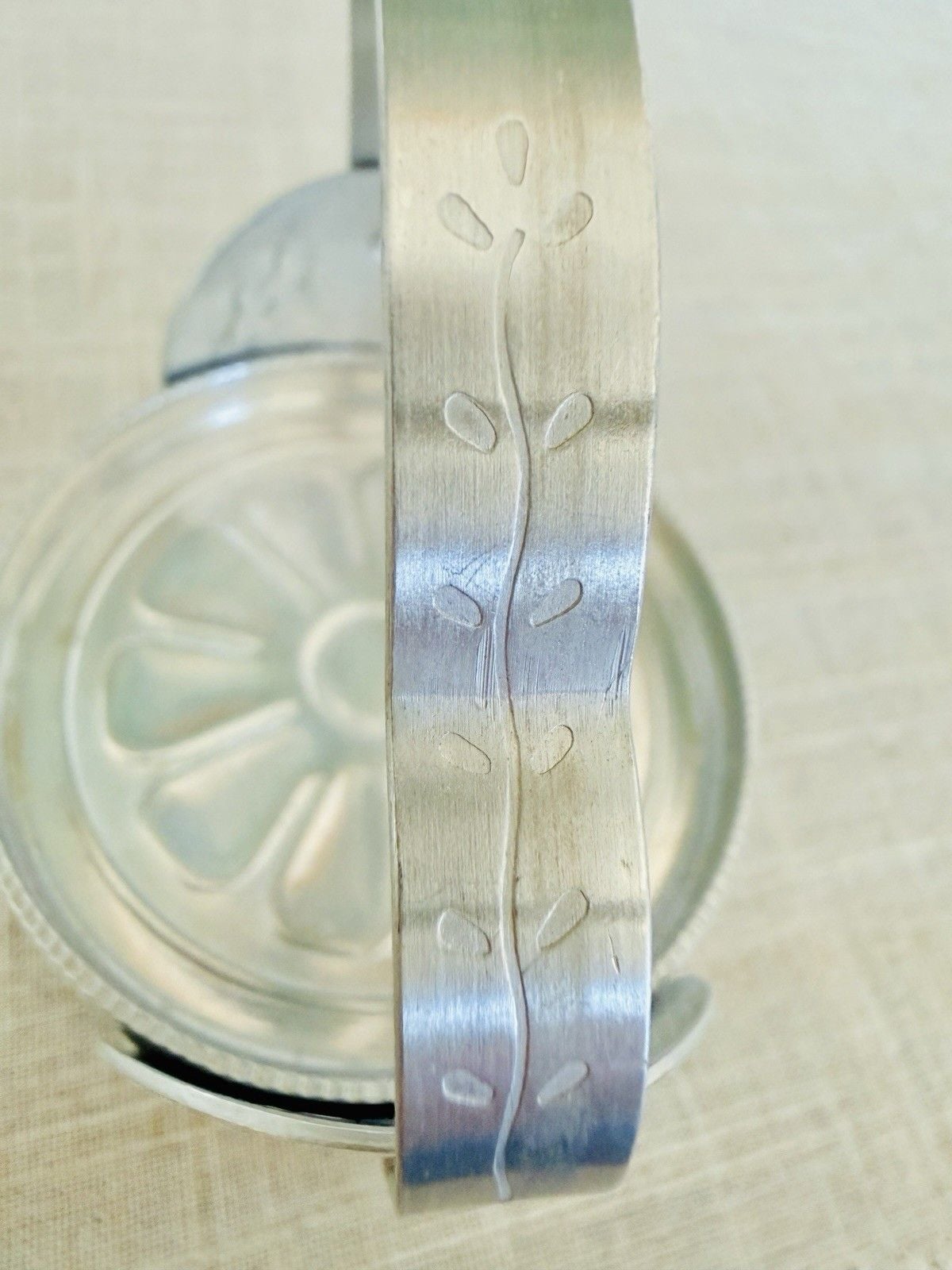 Vintage Aluminum Coaster Set of 8 Floral Embossed Metal Holder MCM Barware 4