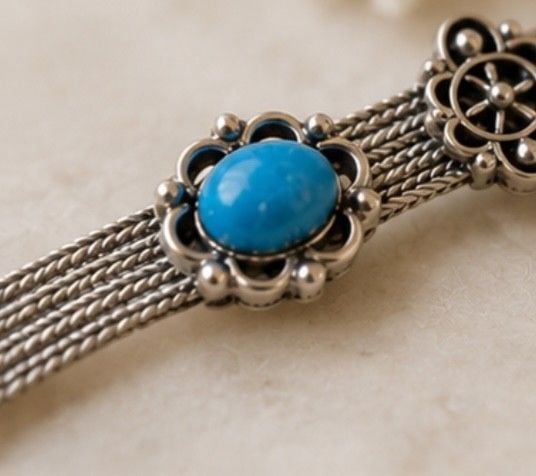 Vintage Sterling Silver 925 Turquoise Floral Multi-Stone Bracelet Signed 7" 4
