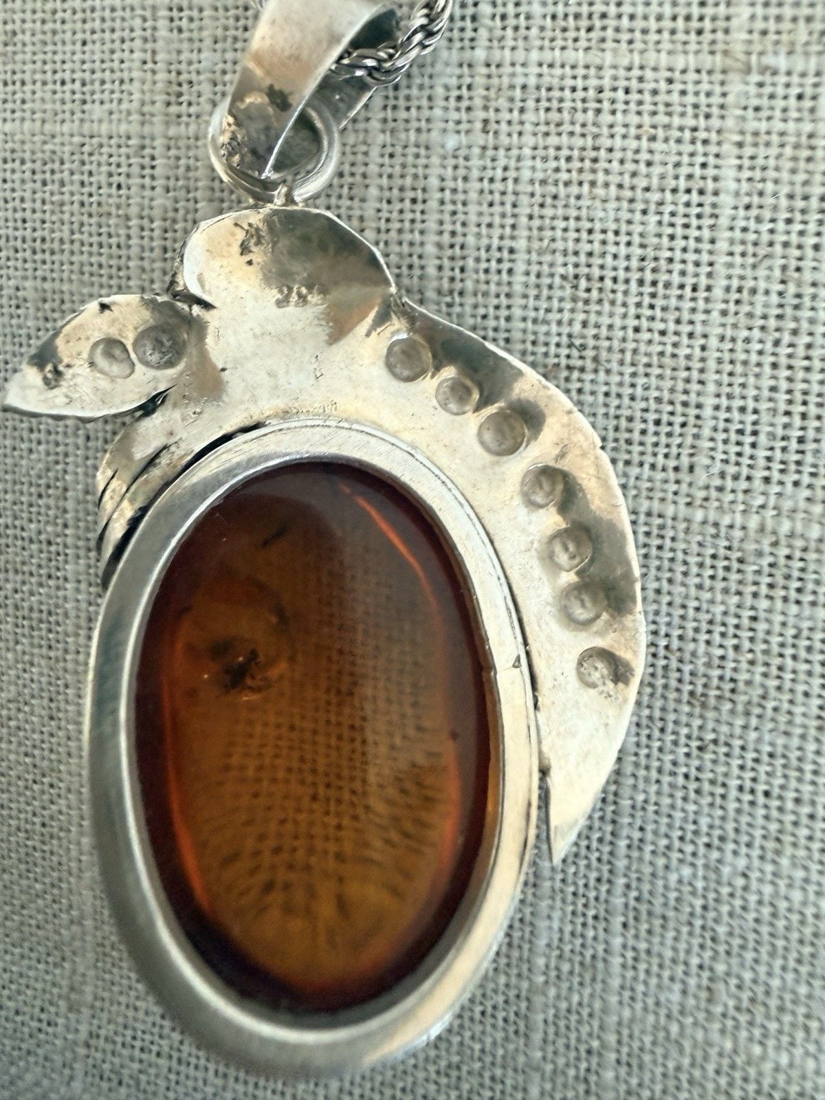 Artisan Sterling Silver Baltic Honey Amber Pendant Necklace 18” Rope Chain 925 9
