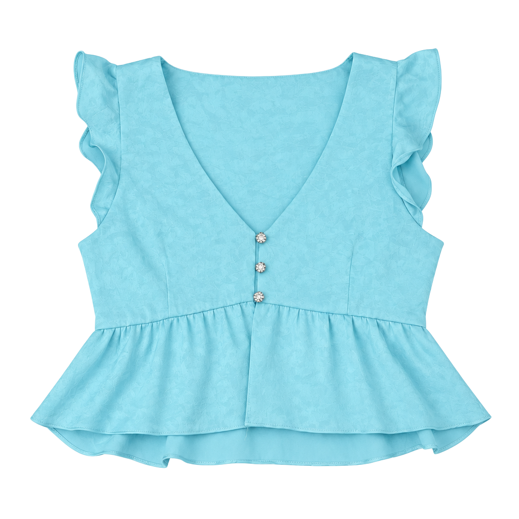 Little Moon Aritzia Blouse Size M Blue Satin Ruffle Crystal Buttons Peplum 1