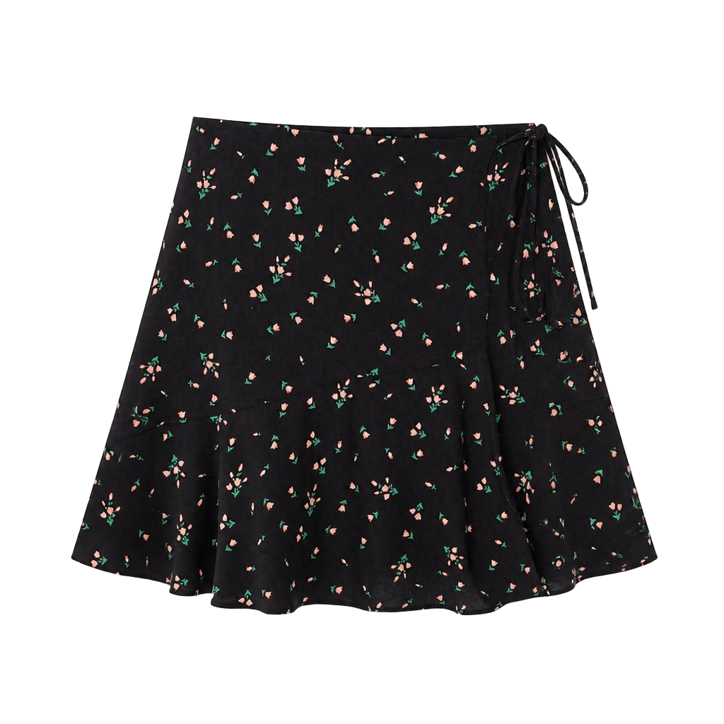 Urban Outfitters Size S Black Floral Print Ruffle Wrap Mini Skirt 1