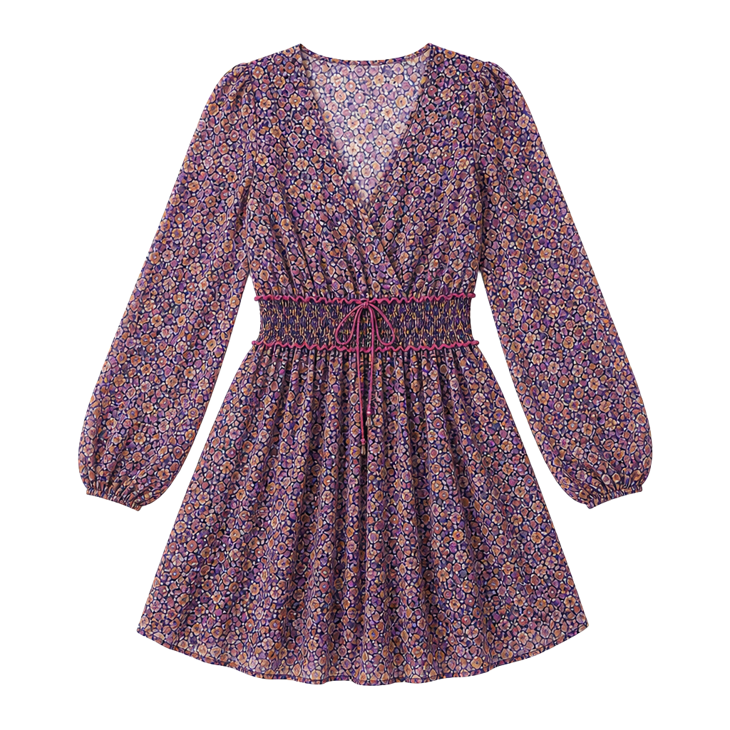 Sadie & Sage Long Sleeve Floral V-Neck Smocked Waist Mini Dress 1
