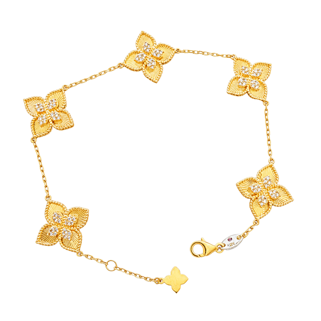 18kt Yellow Gold Bracelet Five Flower Motifs
Brand New
1