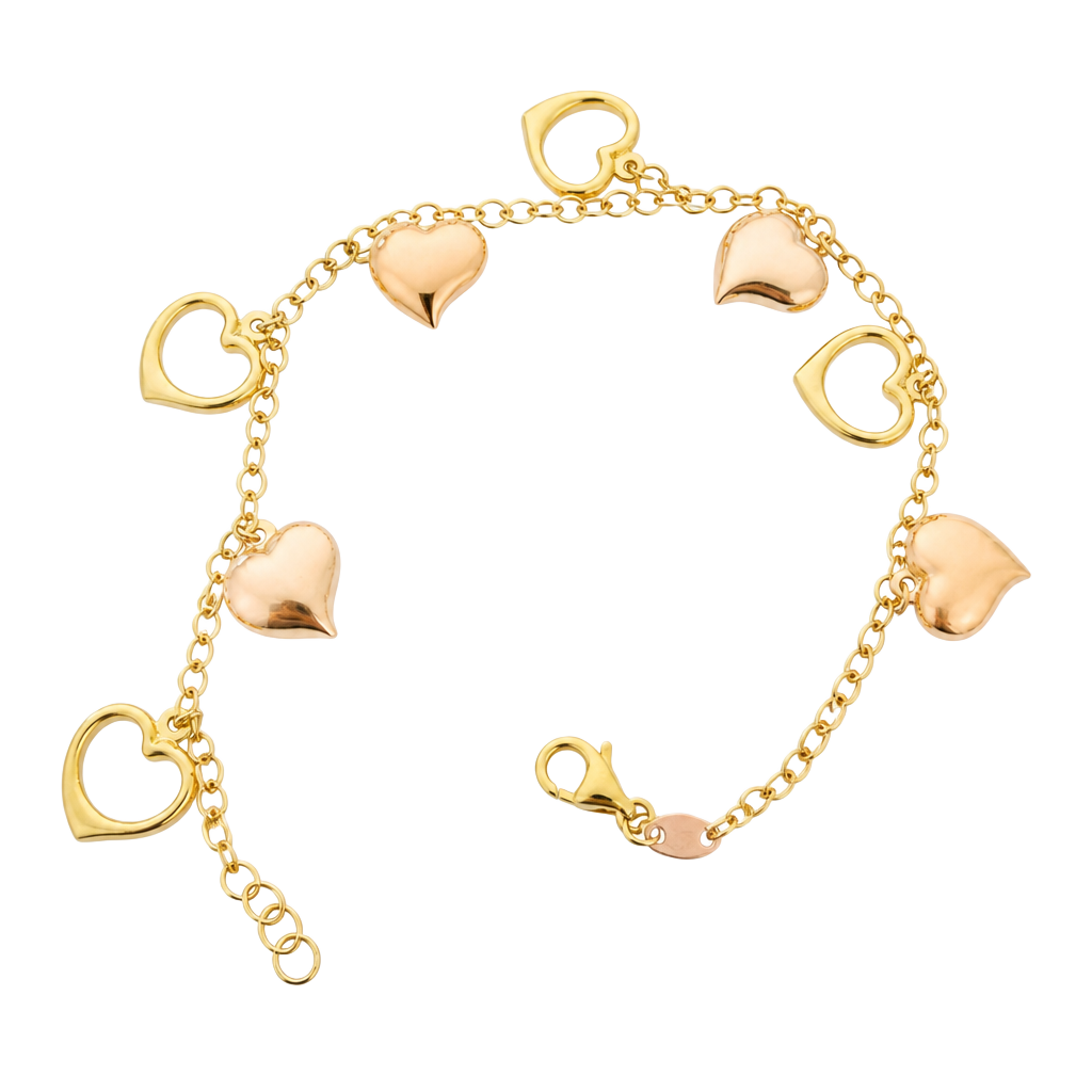 18K Tri-Color Gold Heart Charm Bracelet Solid/ Open Hearts Brand New 750 Stamped 1