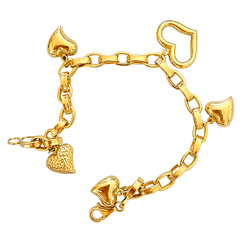 18K YG Chunky Link Charm Bracelet Puffy Heart Pendants Brand New 750 Stamped 1