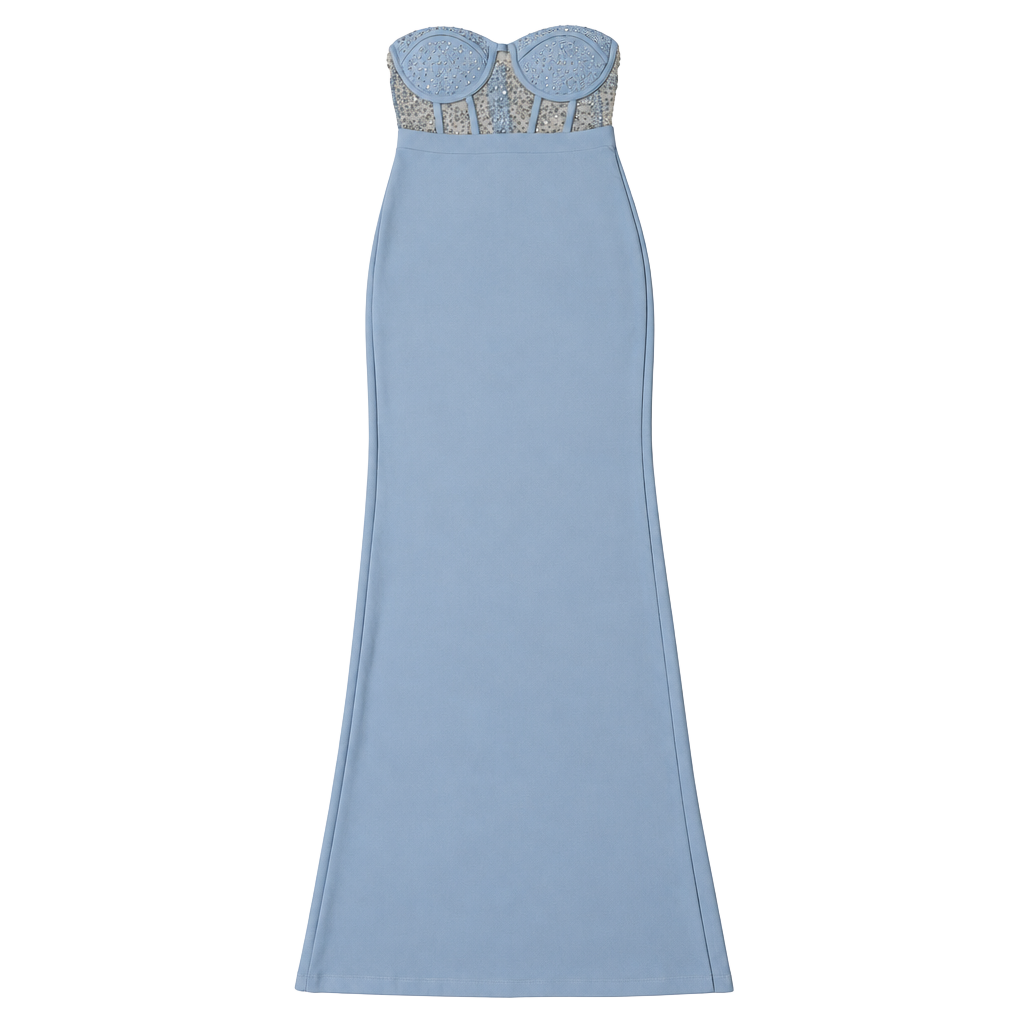 Blue Strapless Sweetheart Mesh Rhinestone Maxi Dress Built-In Bra 1