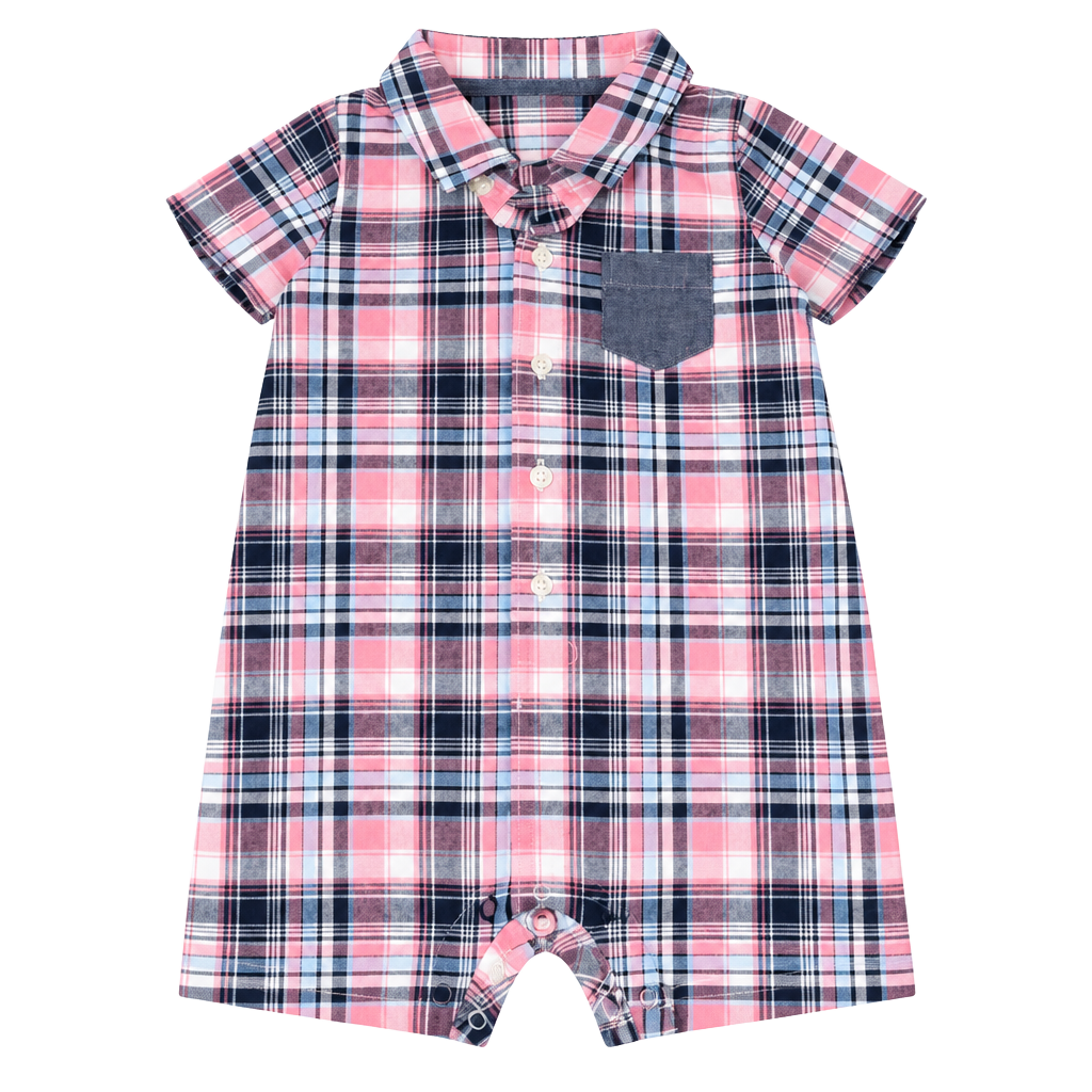 Carter's Plaid Romper Size 9M Pink Blue Short Sleeve Button Front 1